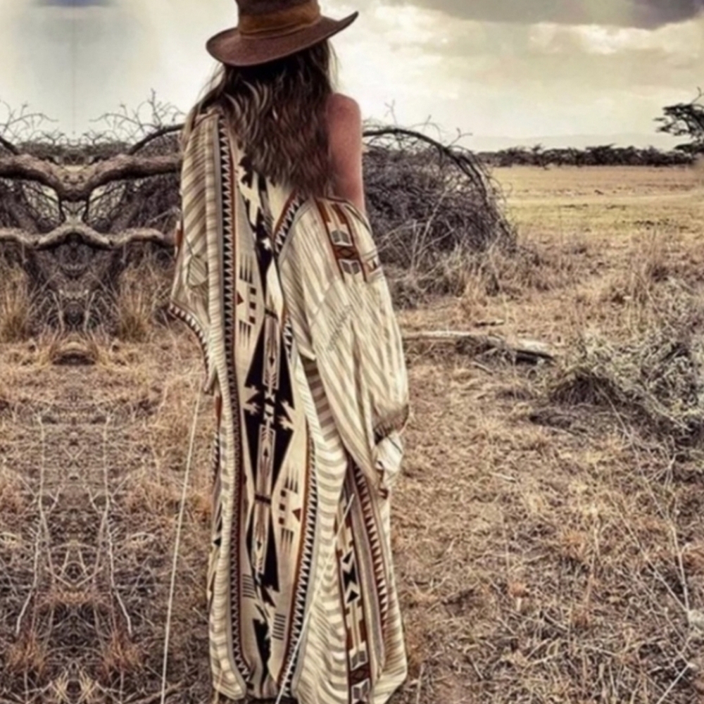 NEW Boho Southwestern Kimono Duster Maxi Cardigan Tribal Tan Black - Picture 10 of 12